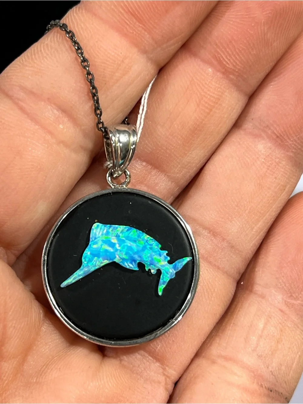 Round Dolphin Opal Pendant Necklace - Blue/Green Inlay